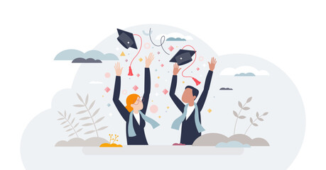 Graduation and school or university diploma celebration tiny person concept, transparent background. Academic knowledge final exam successful pass and joyful party.