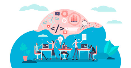 Hackathlon illustration, transparent background. Flat tiny programmers competition persons concept. Technological IT software coding event process scene.