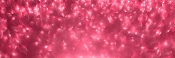 Viva magenta, pink sparkling glitter bokeh panoramic background banner, abstract defocused texture header. Holiday romantic lights