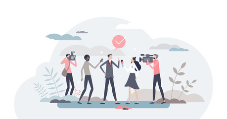 Journalism as television, press and radio mass media work tiny person concept, transparent background. Live broadcasting job as occupation for interviews and news reports illustration.