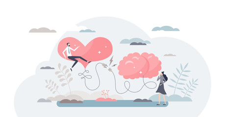 Mind heart connection moment as logic and emotion socket tiny person concept, transparent background.