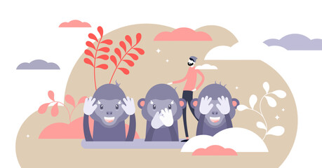 Monkey see, monkey do or Three wise monkeys concept, flat tiny person illustration, transparent background.Japanese proverbial principle.See no evil, hear no evil, speak no evil.