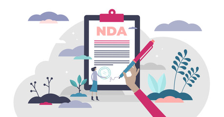 Fototapeta na wymiar NDA non-disclosure document concept, flat tiny person illustration, transparent background.Signing business confidentiality paper with agreement to the contract.