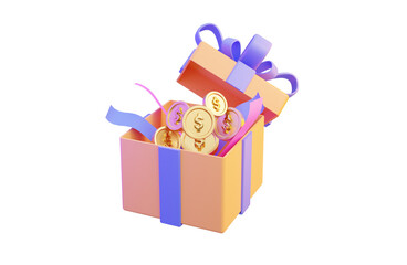 giftbox with dollar coin and confetti icon on white background 3d render concept for money prize