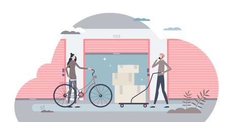 Self storage unit as personal boxes warehouse or garage tiny person concept, transparent background. Storehouse entrance view with open door illustration. Rental space for bulky luggage, goods. - obrazy, fototapety, plakaty