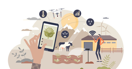 Smart farming and agriculture with drone tech control tiny person concept, transparent background. Efficient futuristic plant or cattle care with wireless technology. © VectorMine