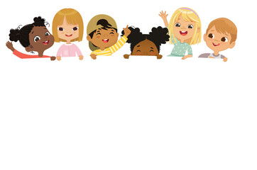 Multicultural kids hold a blank board. Cute little kids on a white background. Show a blank poster for text entry. Banner. Cartoon Vector illustration. Isolated.