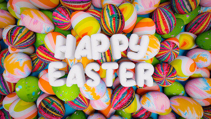 Pile of colorful Easter eggs with Happy Easter. Easter background with chocolate eggs. Happy Easter inflated text on eggs pool background for easter concept