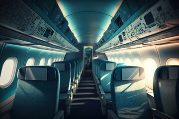 Airplane passenger cabin interior. Generative AI