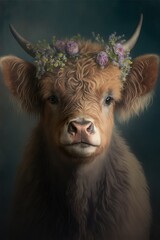 Baby Highland Cow Portrait Looking AT Camera Wearing Flower Crown