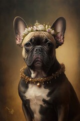 French Bulldog Portrait Looking AT Camera Wearing Flower Crown
