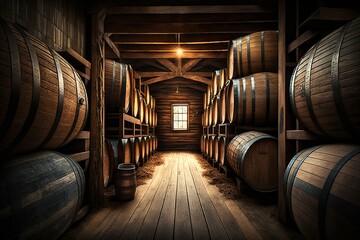 Alcohol barrel room interior. Generative AI
