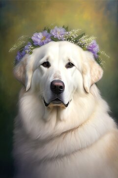 Great Pyrenees Dog Portrait Looking AT Camera Wearing Flower Crown