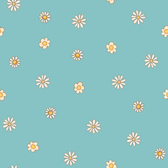 Cute daisy flowers summer seamless pattern on blue