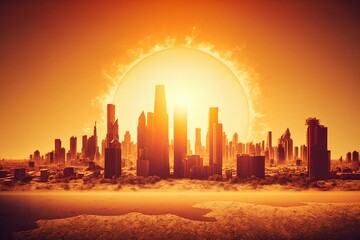 Fototapeta premium Heatwave sun over a urban city, global warming. Generative AI