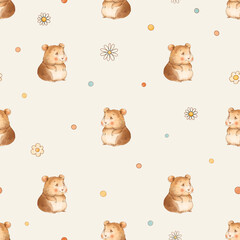 Cute vintage hamsters on vacation seamless pattern, watercolor whimsical texture