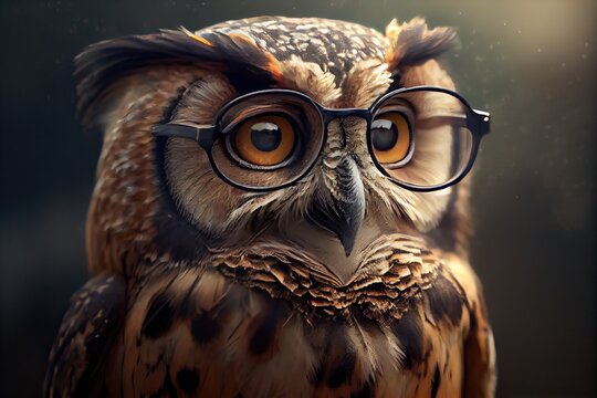 Serious owl wearing eye glasses, generative AI