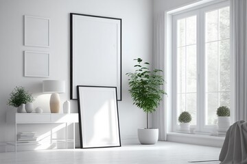 blank poster frame in wall room mockup,digital illustration generative AI