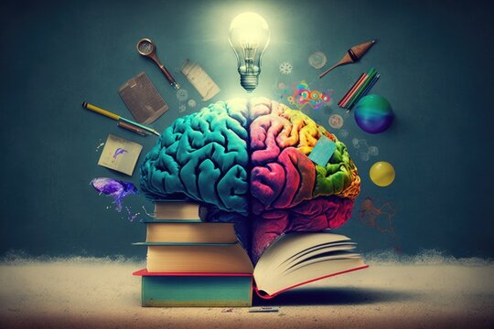 Colorful lightbulb brain with books and stationery, education concept, AI generated