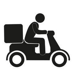  Icono de envío rápido repartidor montando una motocicleta sobre un fondo blanco liso y aislado. Vista de frente y de cerca. Copy space - obrazy, fototapety, plakaty