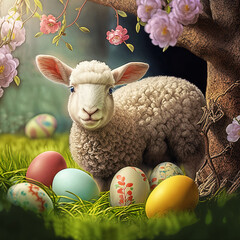 Sweet young lamb in garden surrounded by colorful Easter eggs and spring flowers made with generative AI