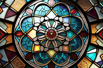 Stained glass close-up, ethnic group, symmetrical, seamless game texture, Myanmar, on canvas  - Generative ai