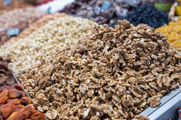 Walnut closeup. Dried fruits and nuts on local food market
