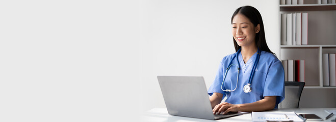 Female doctor consulting patient online from clinic office. Giving medical prescriptions by internet.