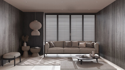 Minimalist living room with dark wooden walls in beige tones. Fabric sofa with pillows, big window with venetian blinds, carpets and decors. Minimal interior design