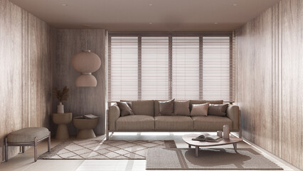 Minimalist living room with bleached wooden walls in beige tones. Fabric sofa with pillows, big window with venetian blinds, carpets and decors. Minimal interior design