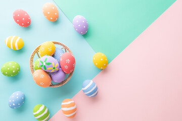 Fototapeta na wymiar Easter Day celebrate time with easter eggs on pastel background for top view