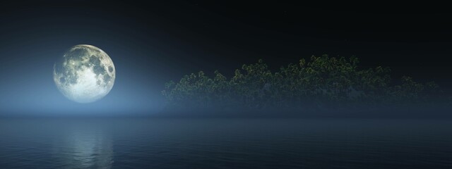 Moon over the sea, night seascape with palm trees and moon, 3d rendering