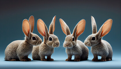 Fototapeta premium Four baby bunny rabbits in a row, studio setting, blue backdrop, AI generative 