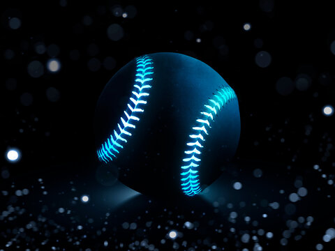 3D rendering of single black baseball ball with blue glowing neon lines with abstract lights