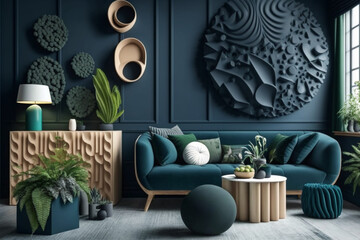  Sleek and Stylish: Navy Blue Modern Living Room with Abstract Sculptures and Nordic Furniture , generated by IA 