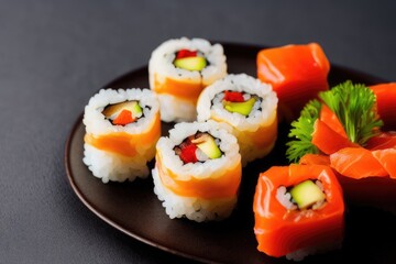 Delicious Sushi Roll with Fresh Seafood and Soy Sauce Dip - Japanese Cuisine Food Photography for Restaurants and Foodies