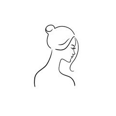 Head of a young beautiful woman with her back. Stock  illustration.Hand drawn face.