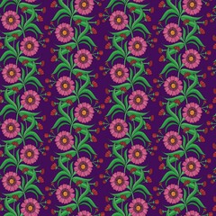 Seamless pattern of pink flowers on purple background 