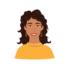 Portrait of a happy woman, avatar. Smiling young girl with curly wavy hair and earrings. Flat vector illustration isolated on white background