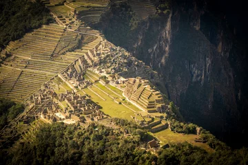 Crédence de cuisine en verre imprimé Machu Picchu aerial view of Machu Picchu Sacred Inca Ruins, Peru, Sunny Valley, Aerial Drone Shot, Daylight over Latin American Indigenous Temple