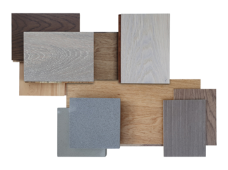 sample of wood chipboard. wooden laminate veneer material for interior architecture placed with stone tile and engineering flooring tile. samples isolated on background with clipping path. mood board.
