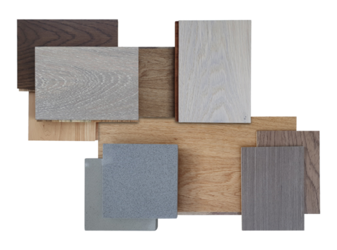 sample of wood chipboard. wooden laminate veneer material for interior architecture placed with stone tile and engineering flooring tile. samples isolated on background with clipping path. mood board.