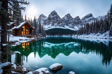 Fototapeta premium Cabin in the forest near a lake during winter, Generative AI