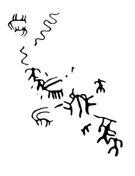 Vector illustration of rock paintings depicting ancient hunting for animals. Prehistoric rock petroglyphs discovered on the territory of Armenia
