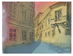 watercolor sketch of the streets in Bratislava slovakia