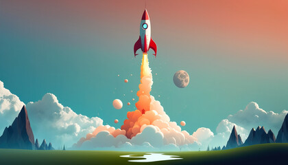 Rocket start up - Against a flat, minimalist background, the rocket symbolizes a concept that is soaring to new heights. - ai generated.