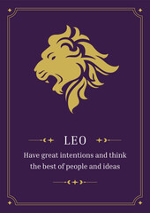 Leo zodiac horoscope astrology symbol with description purple vintage poster design template vector