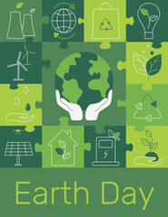 A postcard for the Earth Day holiday. Hands hold the globe. Environmental protection - a set of icons. Vector illustration in the flat style.