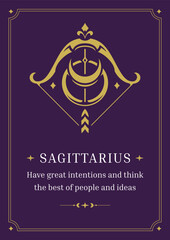 Sagittarius zodiac horoscope symbol arrow bow archery purple vintage poster design template vector