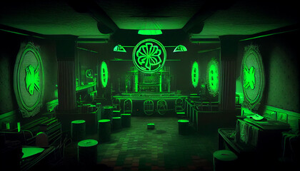Obraz premium A nightclub with St. Patrick's Day decorations and lots of green lights generative AI